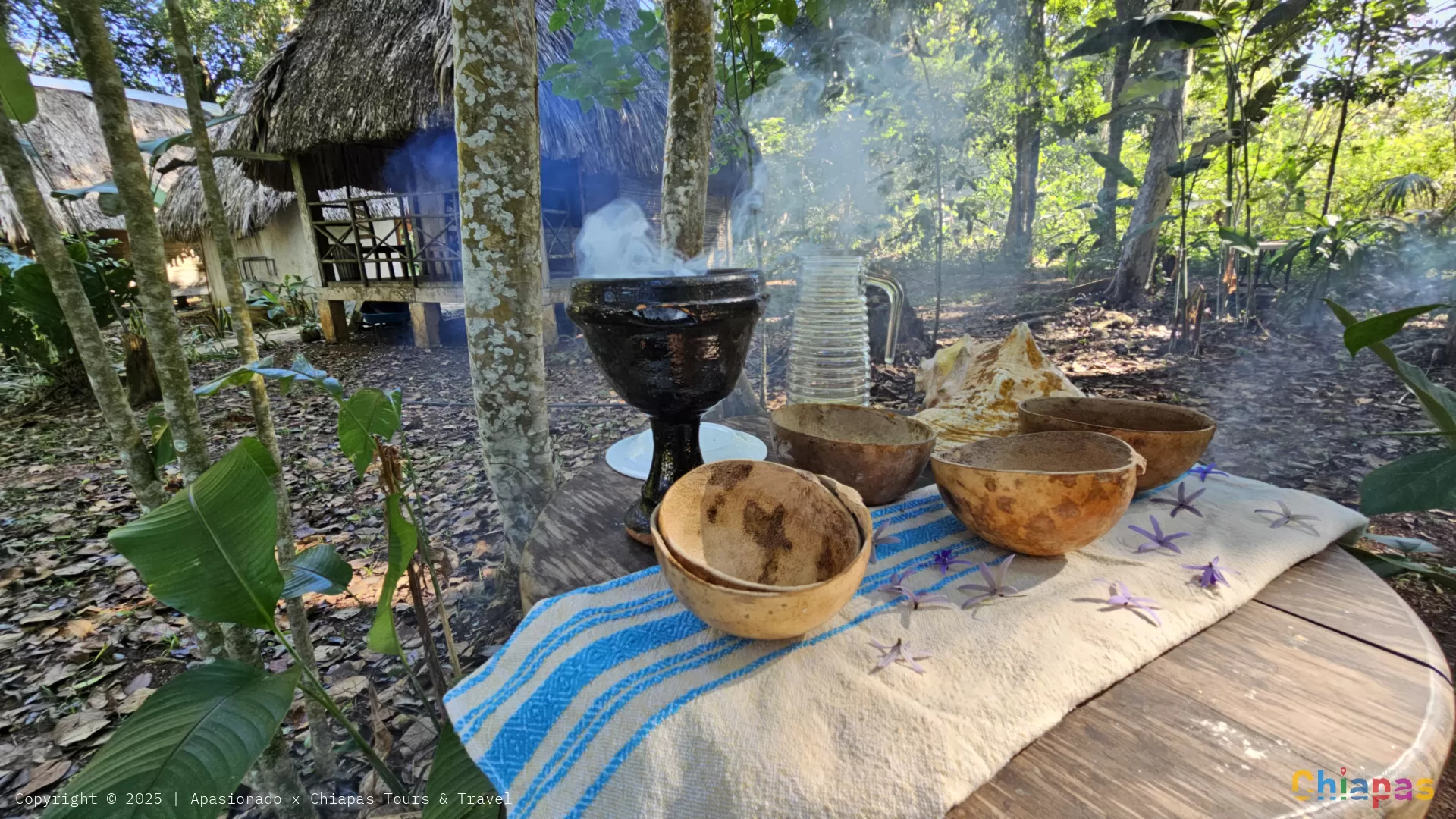 Bowls, flowers and a smoking vessel arranged on a table in the forest; original copyright watermark preserved